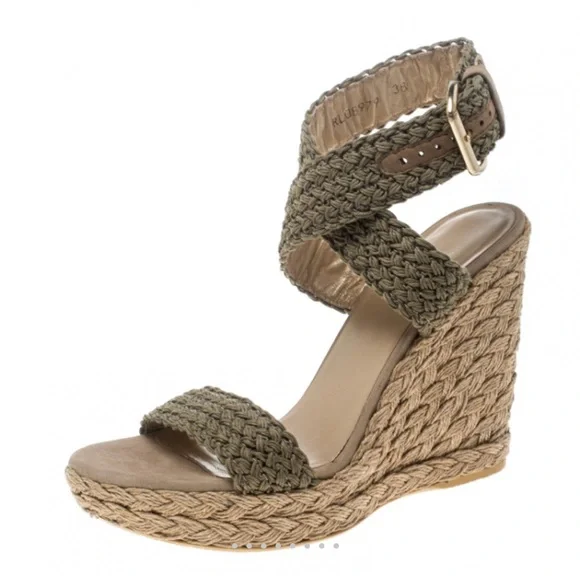 Stuart Weitzman Khaki Crochet Alex Ankle Halter Wrap Espadrille Wedge Sandal 8.5 - Picture 1 of 16